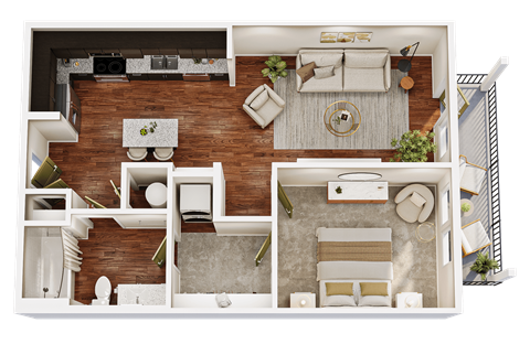 Floor plan for 1 bed, 1 bath, 717 sqft